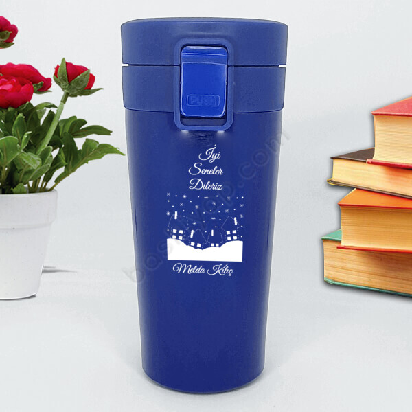 Kış Evi Tasarımlı Mavi Termos online tasarla