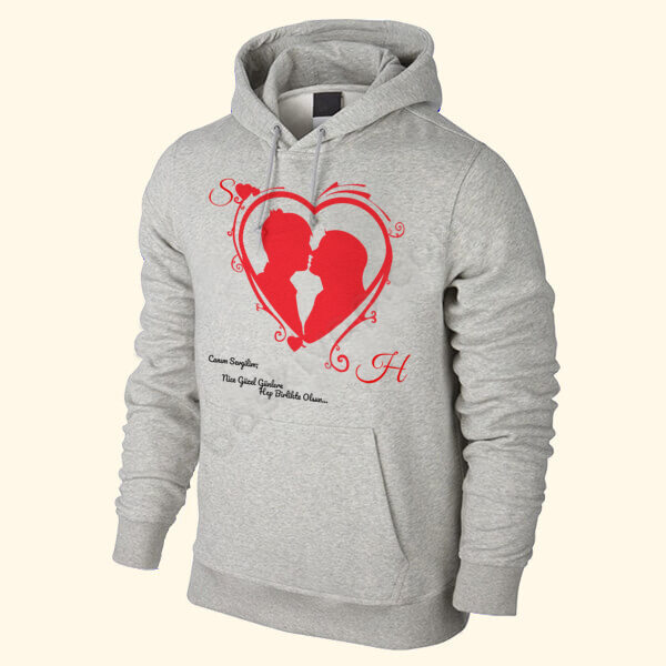 Kişiye Özel Aşk Temalı Kendin Tasarla Gri Kapşonlu Sweatshirt online tasarla