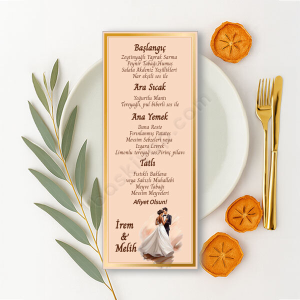 Kişiye Özel Gelin Ve Damat İllüstrasyonlu Düğün Menü Kartı online tasarla