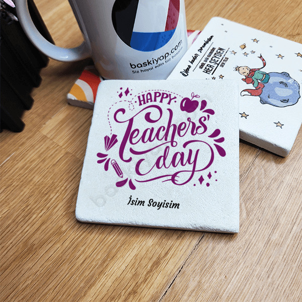 Kişiye Özel Happy Teachers Day Tasarımlı Taş Bardak Altlığı online tasarla