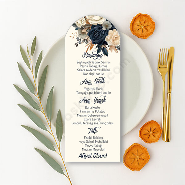 Kişiye Özel Siyah-Beyaz Güllü Oval Menü Kartı online tasarla