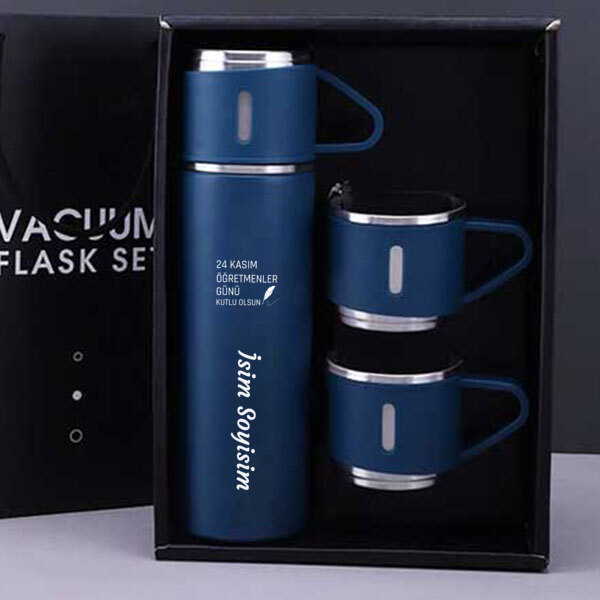Kişiye Özel Üçlü Mavi Bardak Paslanmaz Çelik Termos Seti Kendin Tasarla | 15307 online tasarla