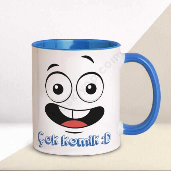 Komik Yüz Tasarımlı Mavi Kupa online tasarla