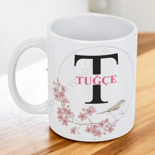 Kuş Çerçeveli T Harf Tasarımlı Beyaz Kupa online tasarla