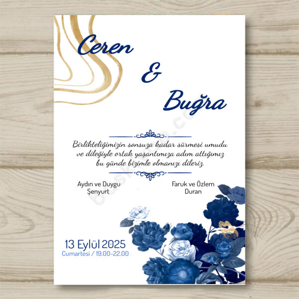 Lacivert Buketli Kraft Davetiye Tasarımı online tasarla