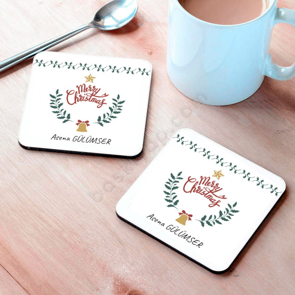 Merry Christmas Tasarımlı Bardak Altlığı online tasarla