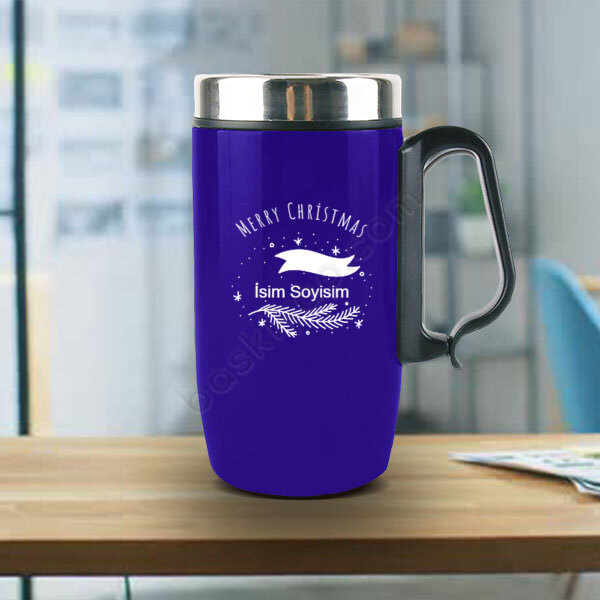 Merry Christmas Tasarımlı Mavi Termos online tasarla