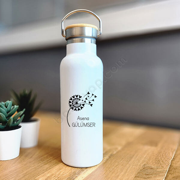 Mickey Tüy Tasarımlı Bambu Kapak Beyaz Matara Termos online tasarla