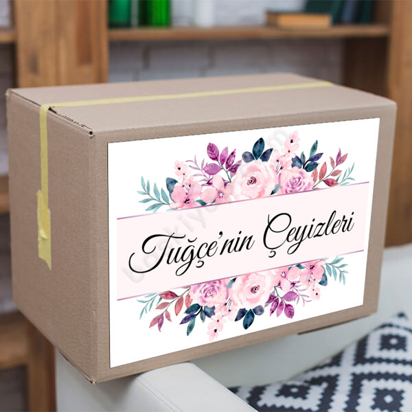 Mor Çiçek Çerçeveli Çeyiz Etiketi online tasarla