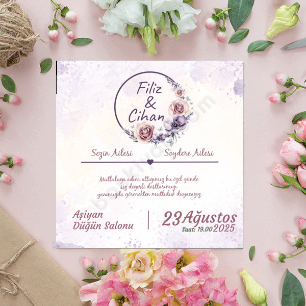 Mor Çiçekli Hediyelik Davetiye online tasarla