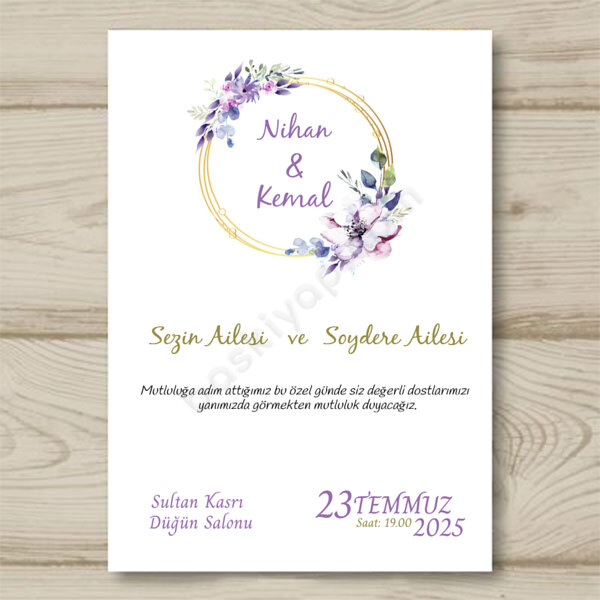 Mor - Pembe Çiçekli Davetiye online tasarla