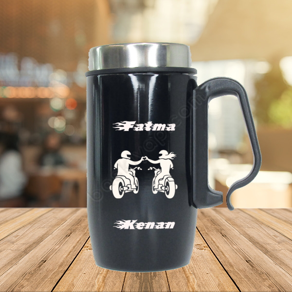 Motorsikletli Çift Tasarım Parlak Siyah Çelik Termos Bardak online tasarla