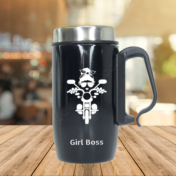 Motorsikletli Kadın Tasarım Parlak Siyah Çelik Termos Bardak online tasarla