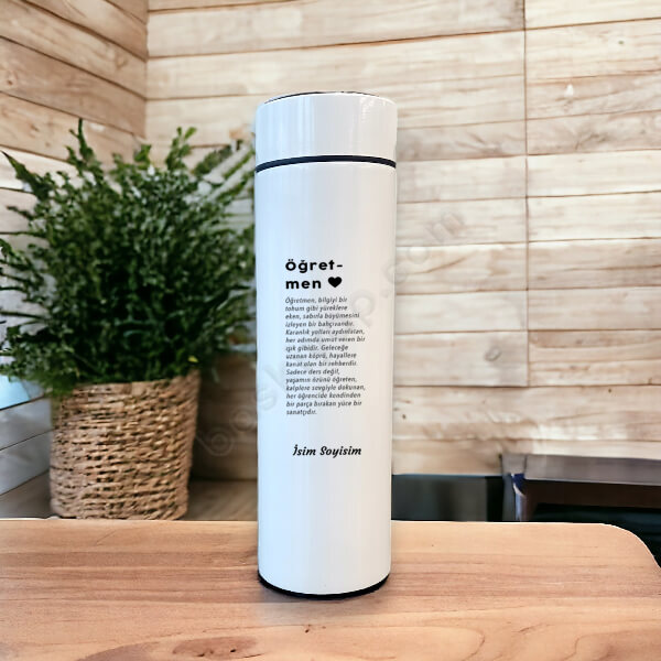 Öğretmen Kişiye Özel Beyaz Dijital Göstergeli Termos online tasarla