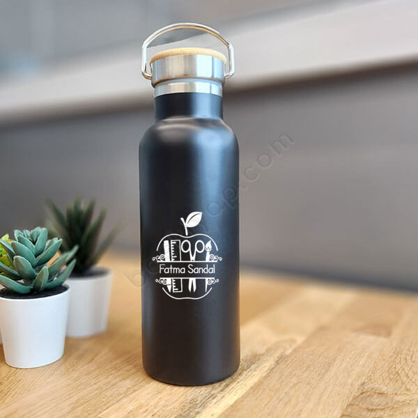 Öğretmene Özel Bambu Kapak Siyah Matara Termos online tasarla