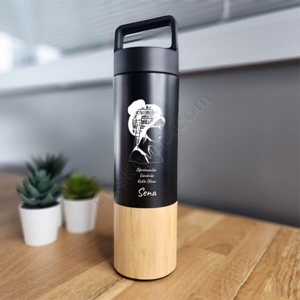 Öğretmene Özel Bambu Siyah Termos online tasarla