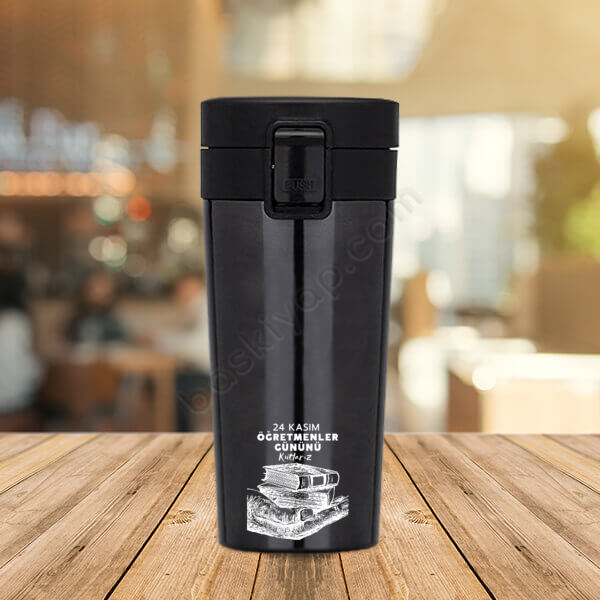 Öğretmenim İçin Vakumlu Premium Siyah Çelik Termos |Süzgeçli online tasarla