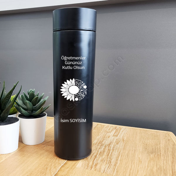 Papatya Tasarımlı Öğretmene Özel Göstergeli Süzgeçli Siyah Termos online tasarla