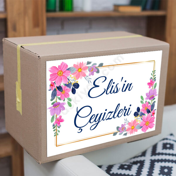 Pembe Çiçek Desenli Çeyiz Etiketi online tasarla