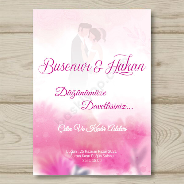 Pembe Çiçekli Gelin Damat Detaylı 10X15 Davetiye online tasarla