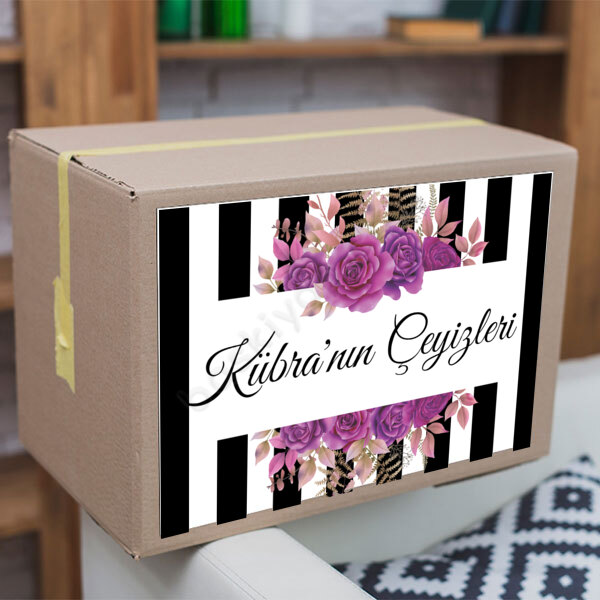 Mor Güllü Çizgili Çeyiz Etiketi online tasarla