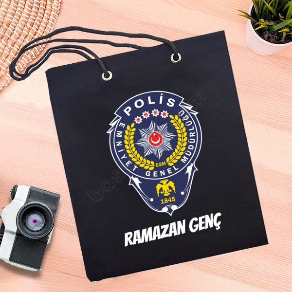 Polis Armalı L Basklı Siyah Bez Çanta online tasarla