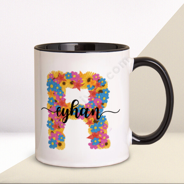 R Harfi Siyah Kupa Bardak online tasarla