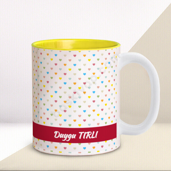 Renkli Kalpler Tasarım İçi Sarı Kupa online tasarla