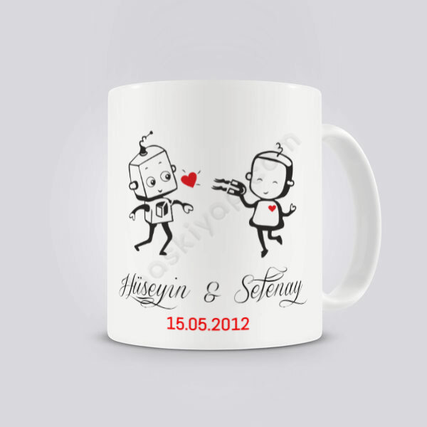 Robot Aşıklar Temalı Kendin Tasarla Baskılı Kupa Bardak online tasarla