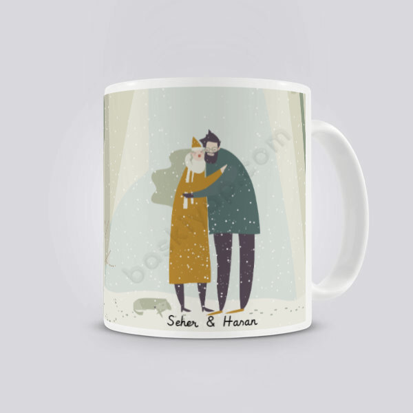 Sevgililer Günü Sarılan Çift Tasarım Kış Temalı Kupa online tasarla