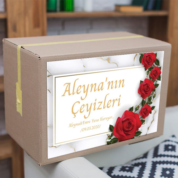 Şık Kırmızı Güllü Çeyiz Etiketi online tasarla