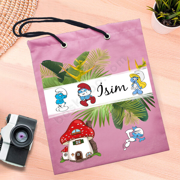 Şirinler Tasarımlı Pembe Bez Çanta online tasarla