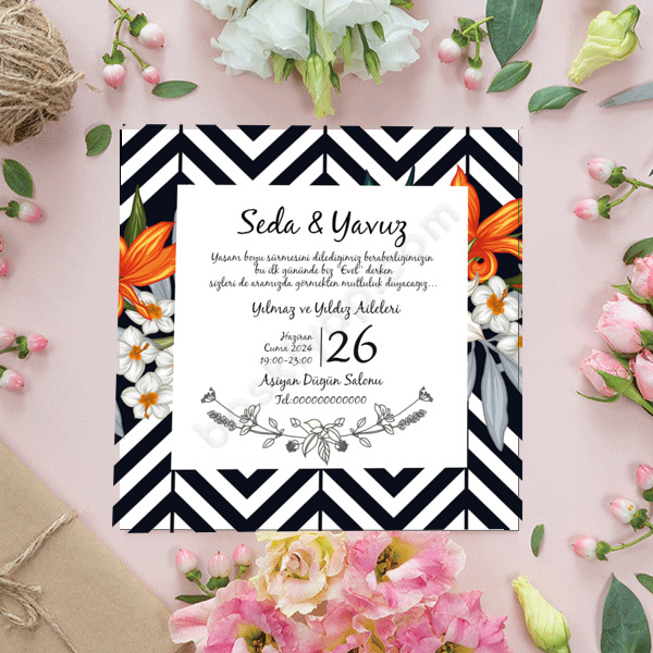 Siyah Beyaz Tasarımlı Düğün Davetiyesi online tasarla