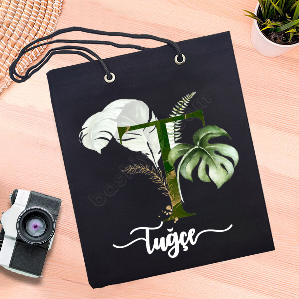 T Harf Tasarımlı Siyah Bez Çanta online tasarla