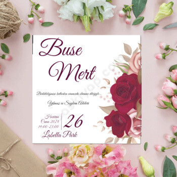 Bordo Çiçekli Davetiye 15X15 online tasarla