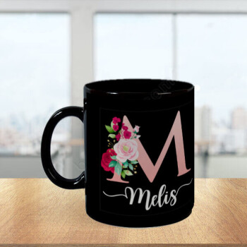 Çiçekli Harfli Tasarım Siyah Kupa Bardak online tasarla