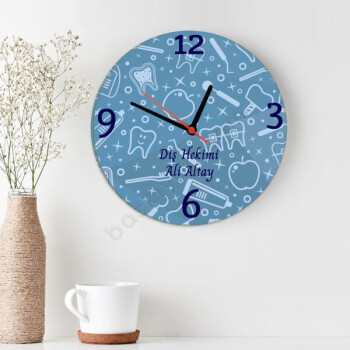 Diş Hekimi Temalı Mavi Ahşap Daire Duvar Saati online tasarla
