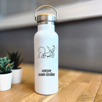 Doktor Babaya Hediye Bambu Kapak Beyaz Matara Termos online tasarla