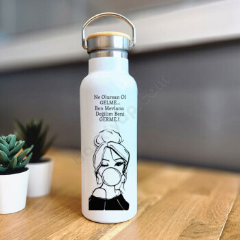 Germe Kişiye Özel Bambu Kapak Beyaz Matara Termos online tasarla