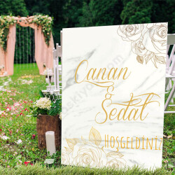 Gold Mermer Desenli Söz/Nişan/Düğün Ayaklı Pano online tasarla