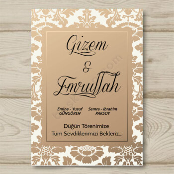 Gold Renkli Motifli Düğün Davetiyesi online tasarla