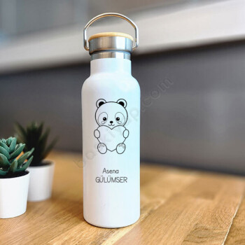 Kalpli Panda Tasarımlı Bambu Kapak Beyaz Matara Termos online tasarla
