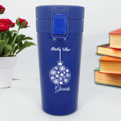 Kar Taneleri Tasarımlı Mavi Termos online tasarla