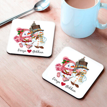 Kardan Adam Ve Kardan Kadın Tasarımlı Bardak Altlığı online tasarla