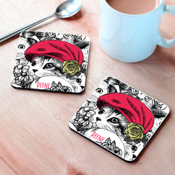 Kedi Tasarım Baskılı  Metal Bardak Altlığı online tasarla