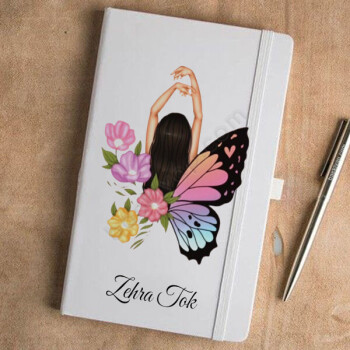 Kelebek-Kız-Çiçek Tasarımlı Beyaz Ajanda online tasarla