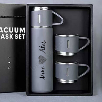 Kişiye Özel Gri Üçlü Çelik Termos Set online tasarla