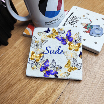 Kişiye Özel Kelebekli Doğal Taş Bardak Altlığı online tasarla