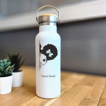 Kıvırcık Saçlı Kız Tasarımlı Bambu Kapak Beyaz Matara Termos online tasarla