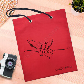 Kuş Tasarımlı Kırmızı Bez Çanta online tasarla